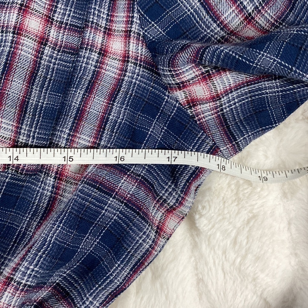 PINK LILY Plaid Elastic Waist Dress Button Down Long Sleeve Navy Red Blue - Picture 14 of 15